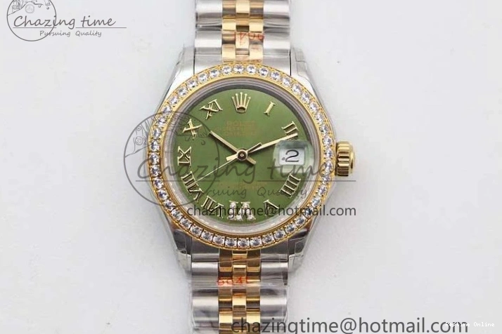 1219 Bright Lady DateJust 28 SS YG TWF Diamonds Bezel 1:1 Best Edition Green Dial Roman Markers on Jubilee Bracelet NH 2135